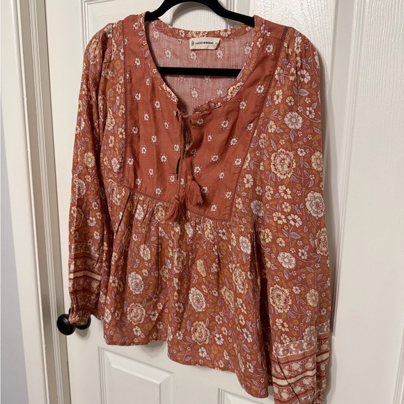 LUCKY BRAND long sleeve boho tassel blouse size medium Aragon multi floral - Picture 5 of 8